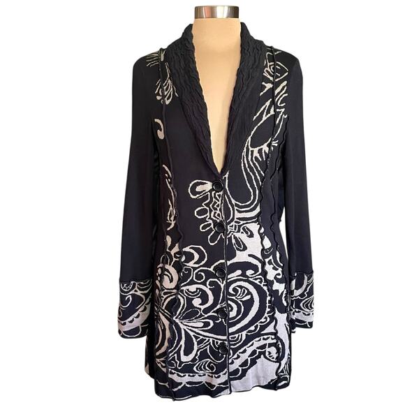 Orly Black Beige Paisley Long Line Sweater Cardigan MEDIUM Artsy Boho Whimsigoth - Picture 1 of 10